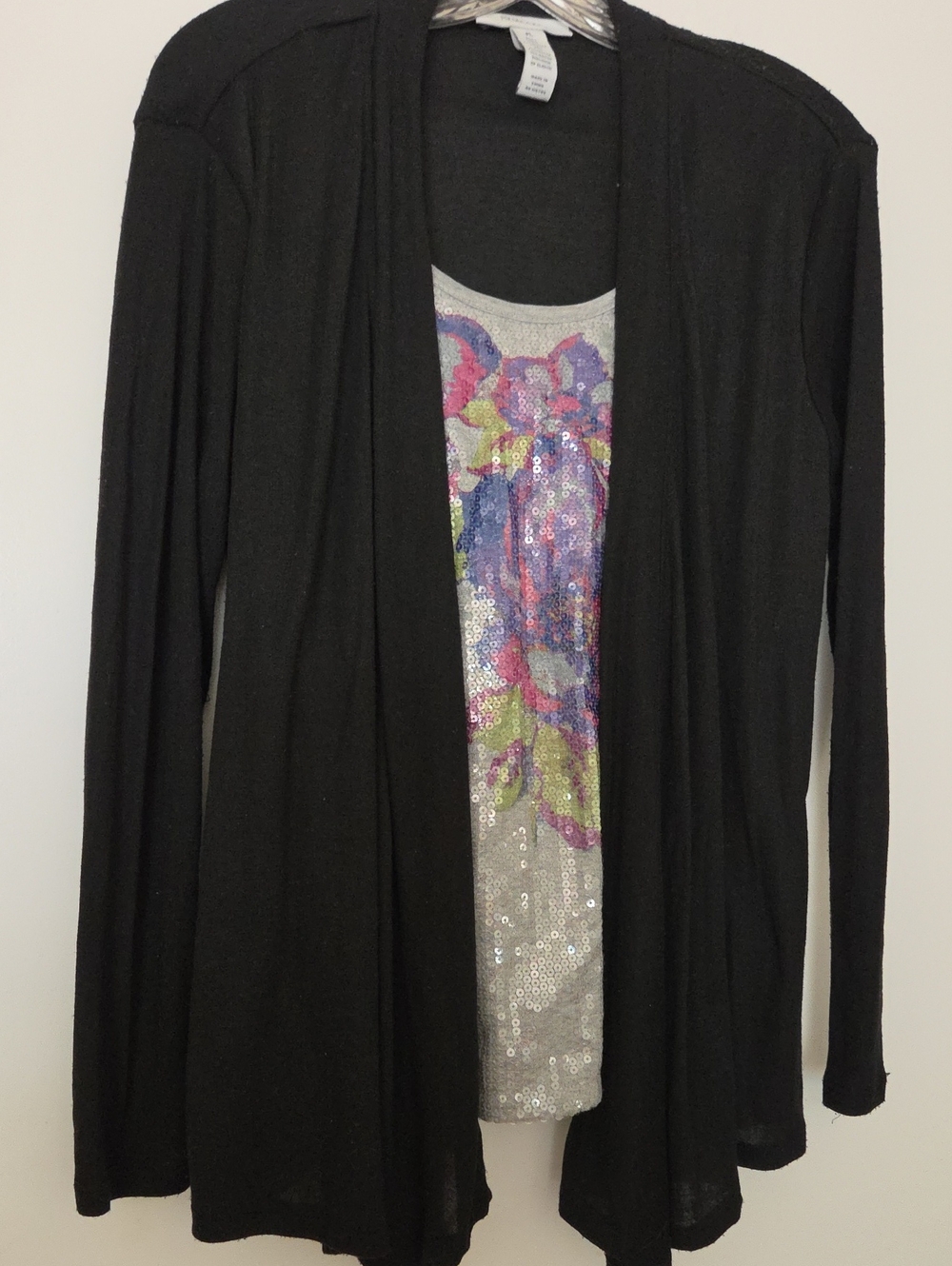 Style & Co. Black Open-Front Cardigan with Sequin Floral Tank